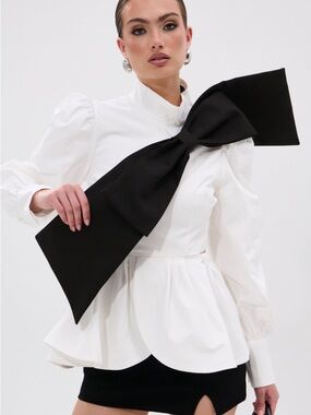 AKIRA White Peplum Blouse with Oversized Black Bow